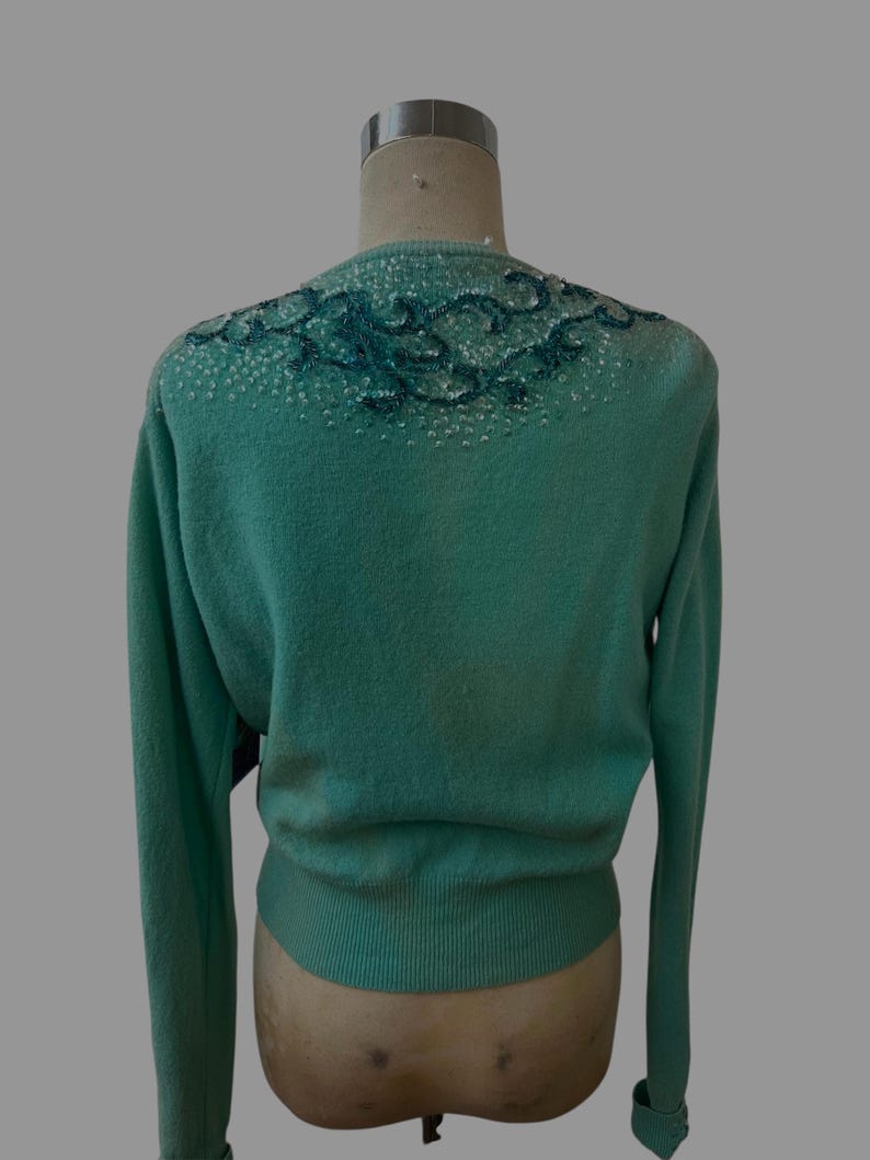 1950 Vintage Teal Blue Soft Waist Length Sweater with Embellished Bead Work