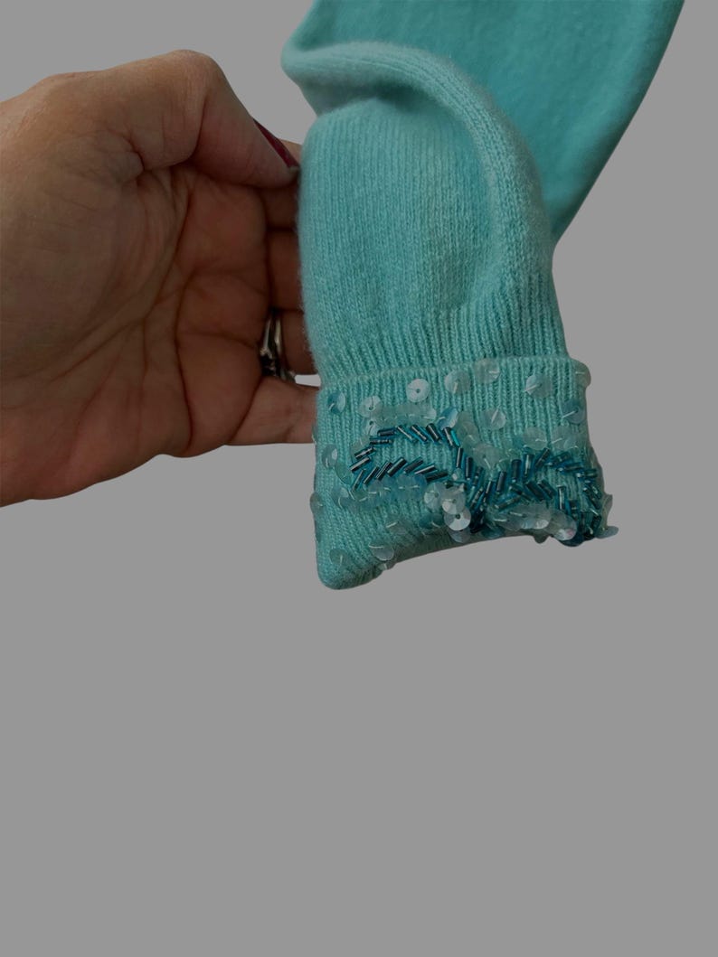 1950 Vintage Teal Blue Soft Waist Length Sweater with Embellished Bead Work