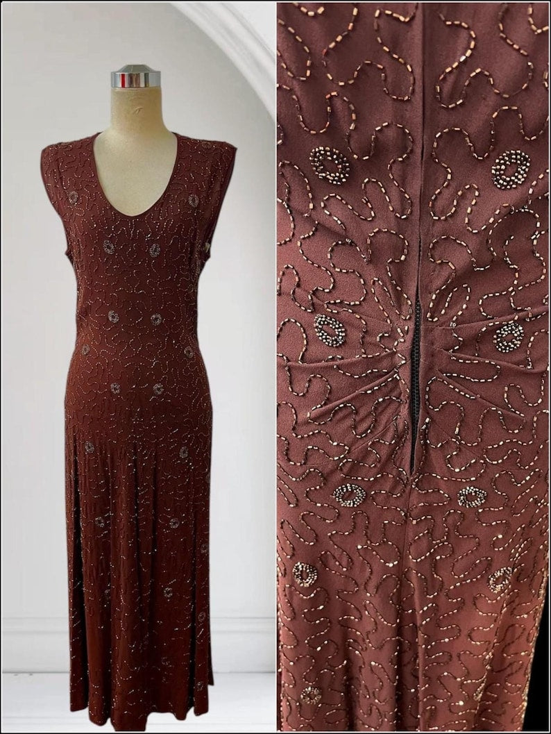 SALE!! 1950's Vintage Fully Cooper Beaded Chocolate Brown Evening Gown