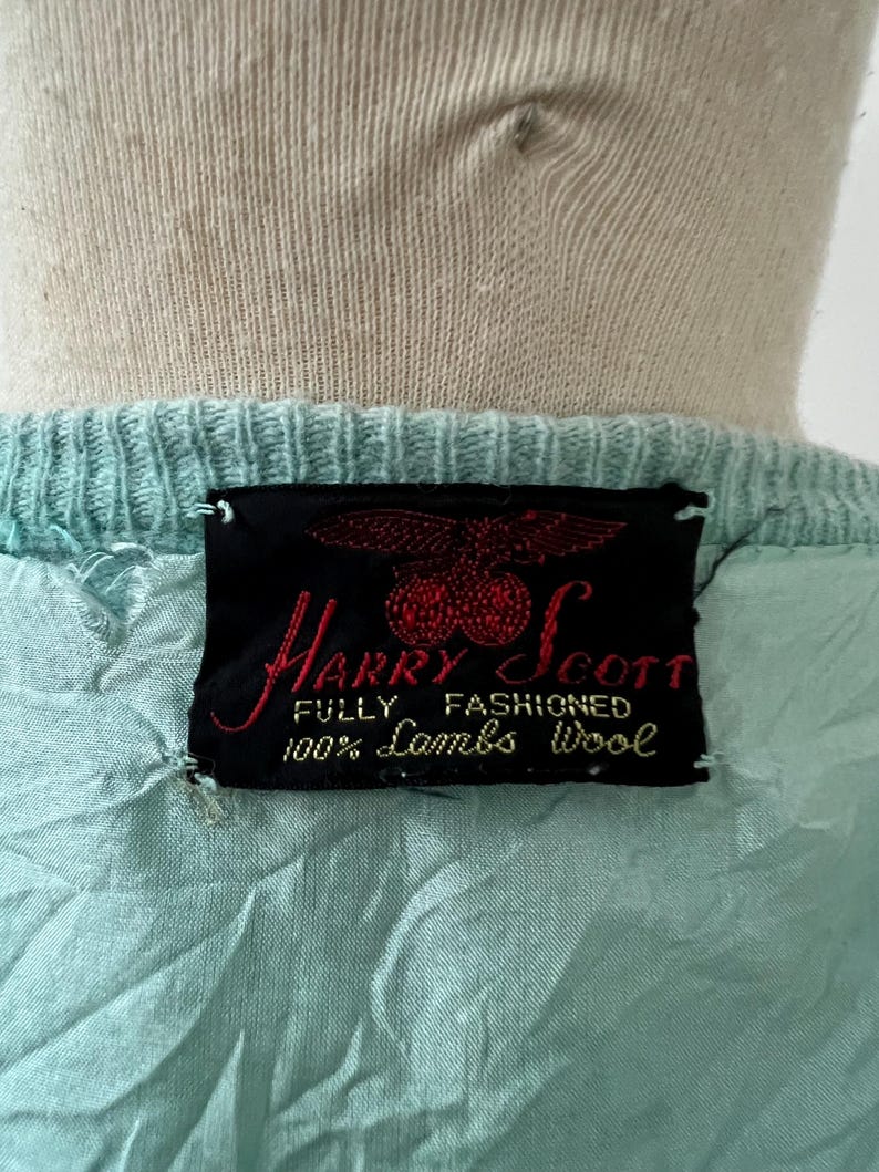 1950 Vintage Teal Blue Soft Waist Length Sweater with Embellished Bead Work