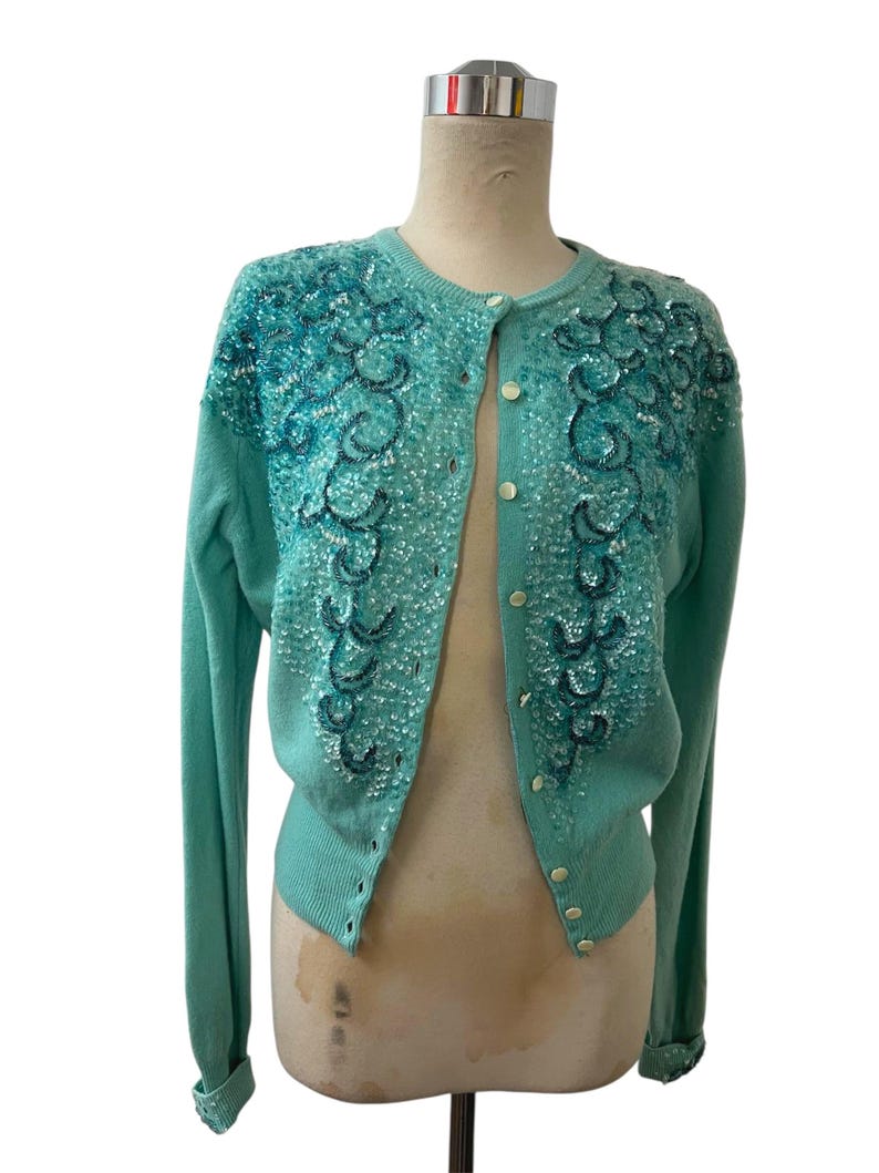 1950 Vintage Teal Blue Soft Waist Length Sweater with Embellished Bead Work