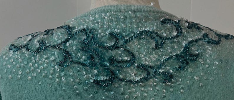 1950 Vintage Teal Blue Soft Waist Length Sweater with Embellished Bead Work