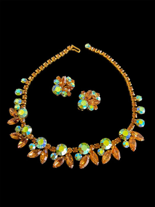 1950 Juliana D&E Beautiful Aurora Borealis Brown Topaz Rhinestones Necklace and Earring Set