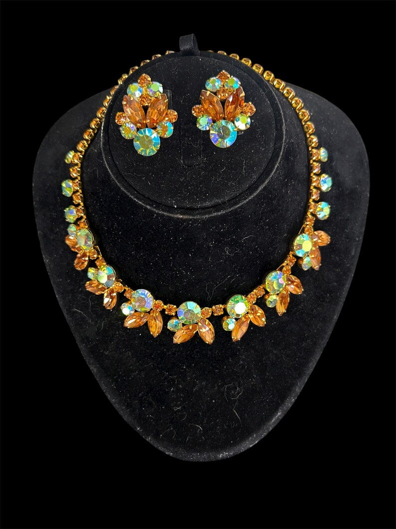 1950 Juliana D&E Beautiful Aurora Borealis Brown Topaz Rhinestones Necklace and Earring Set