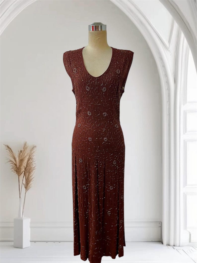SALE!! 1950's Vintage Fully Cooper Beaded Chocolate Brown Evening Gown