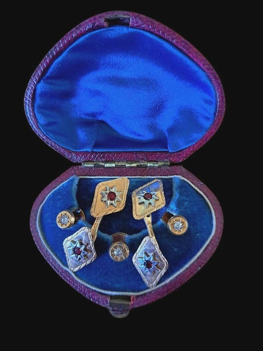 Antique Victorian/Edwardian Gold Ruby & Diamond Cuff Link Set Free Express Shipping