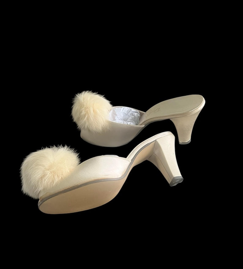 SOLD! 1950's Vintage Size 6 Slip On Cream Boudoir Satin Slipper Heels Open Toe With Rabbit Pom Pom