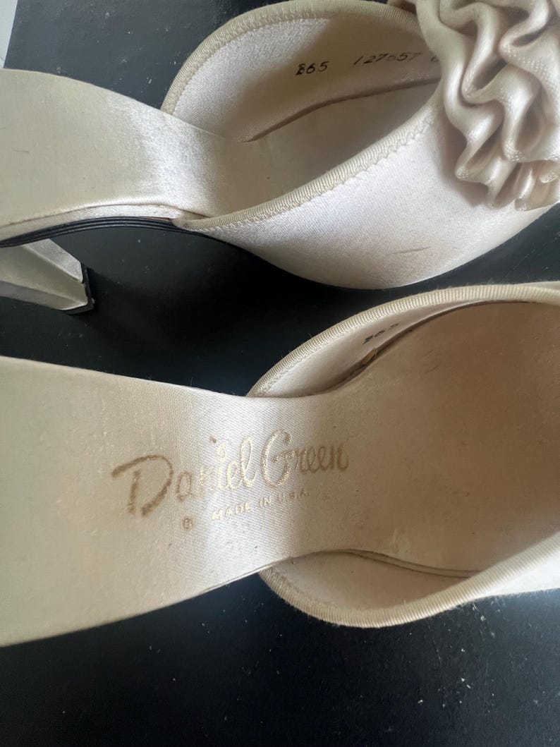 SOLD! 1950's Vintage Size 6 1/2 Slip On Cream Boudoir Satin Slipper Heels Open Toe With Ruffled Pom Pom