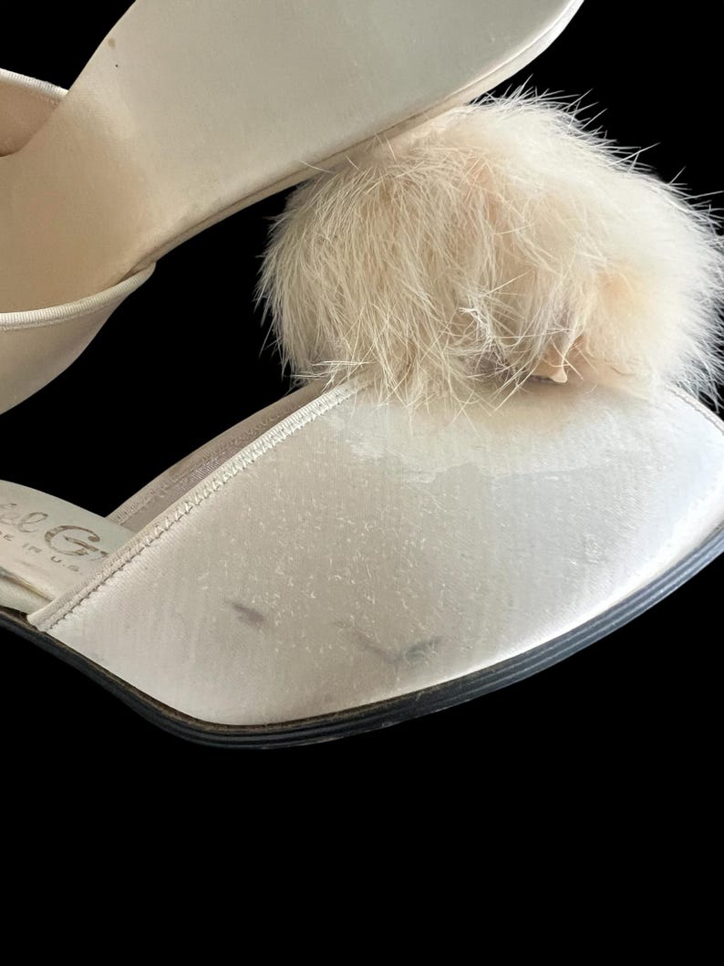 SOLD! 1950's Vintage Size 6 Slip On Cream Boudoir Satin Slipper Heels Open Toe With Rabbit Pom Pom