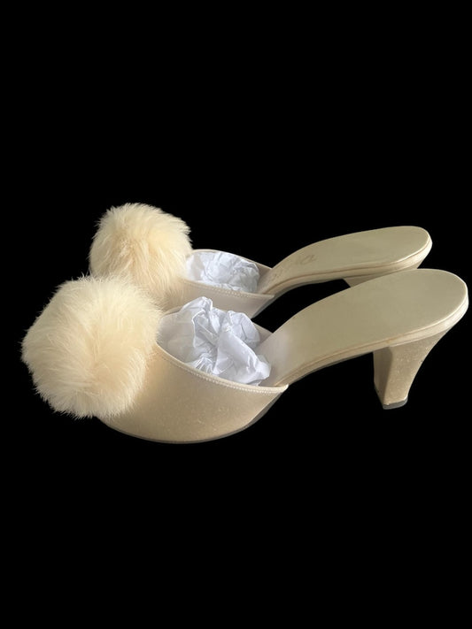SOLD! 1950's Vintage Size 6 Slip On Cream Boudoir Satin Slipper Heels Open Toe With Rabbit Pom Pom