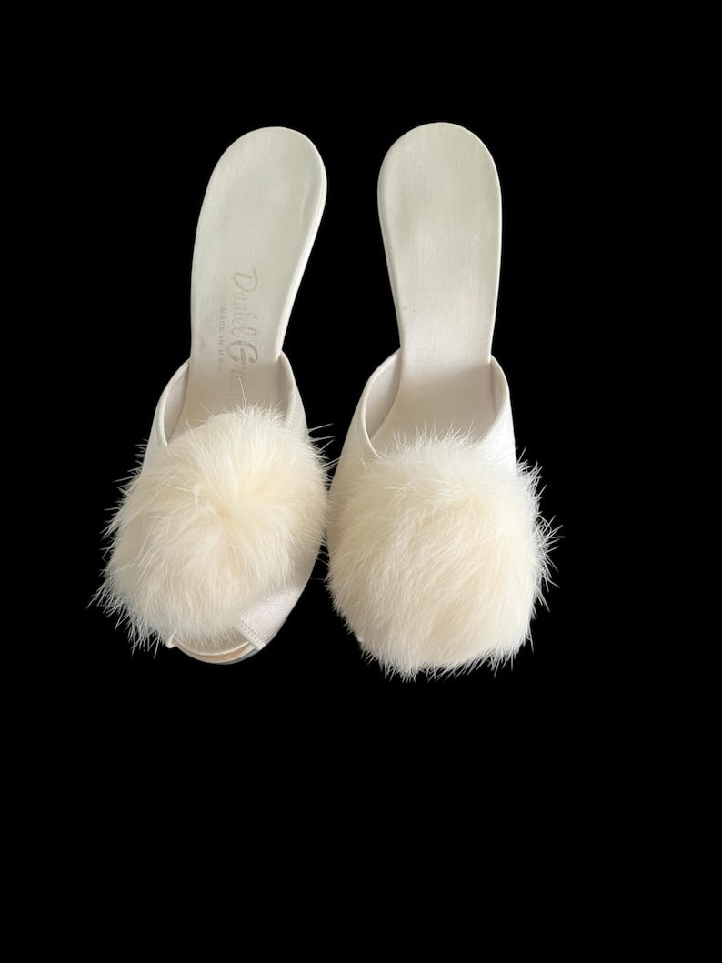 SOLD! 1950's Vintage Size 6 Slip On Cream Boudoir Satin Slipper Heels Open Toe With Rabbit Pom Pom