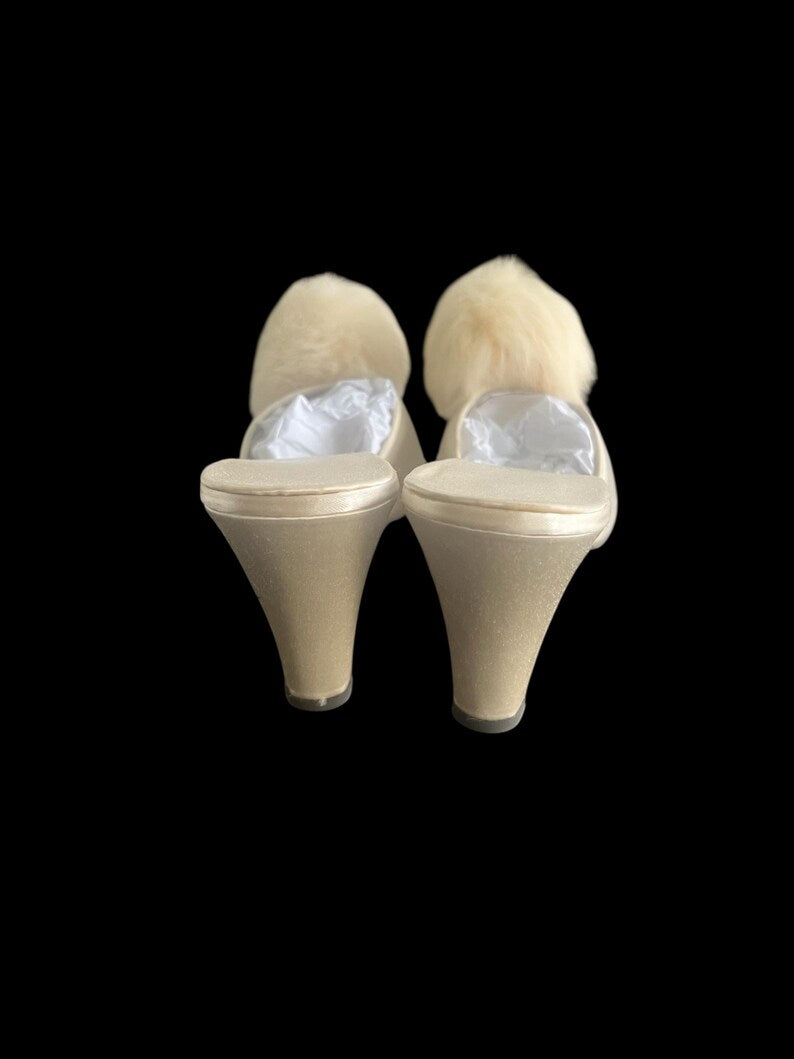 SOLD! 1950's Vintage Size 6 Slip On Cream Boudoir Satin Slipper Heels Open Toe With Rabbit Pom Pom