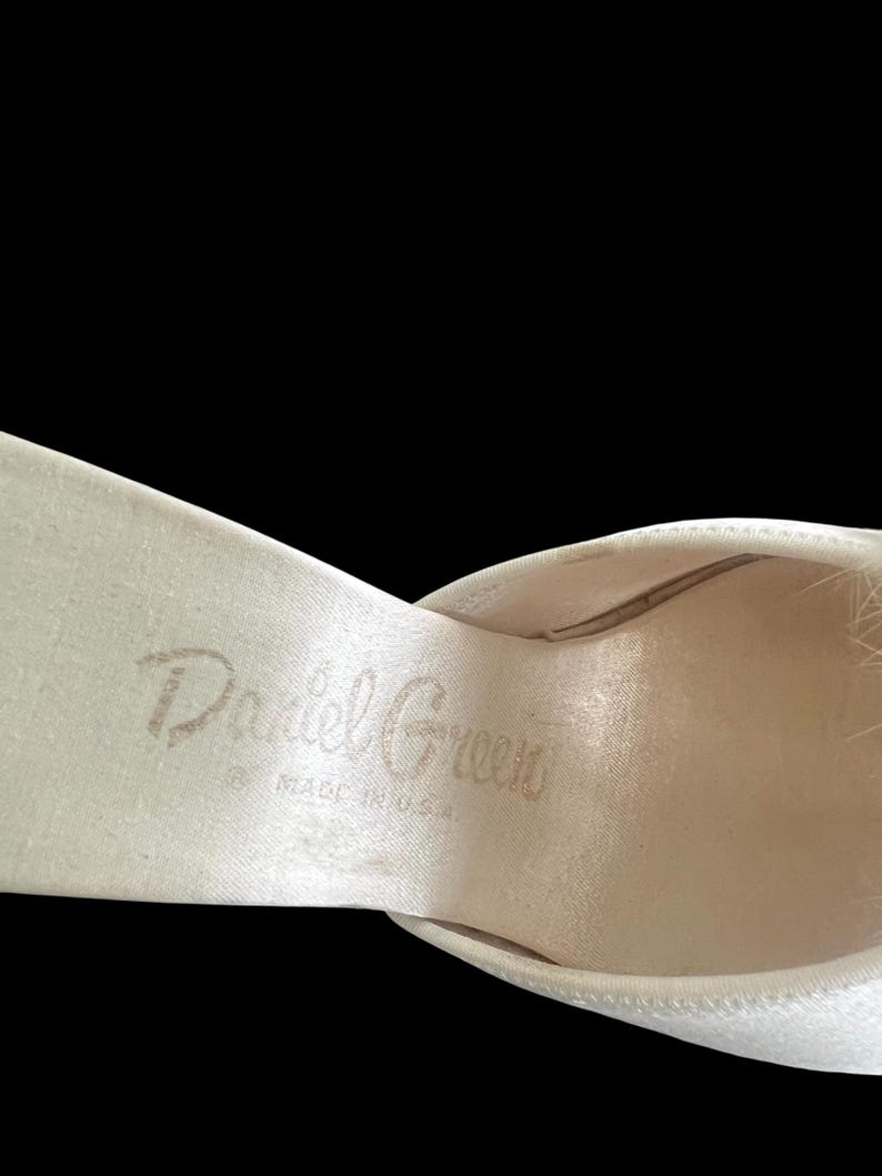 SOLD! 1950's Vintage Size 6 Slip On Cream Boudoir Satin Slipper Heels Open Toe With Rabbit Pom Pom