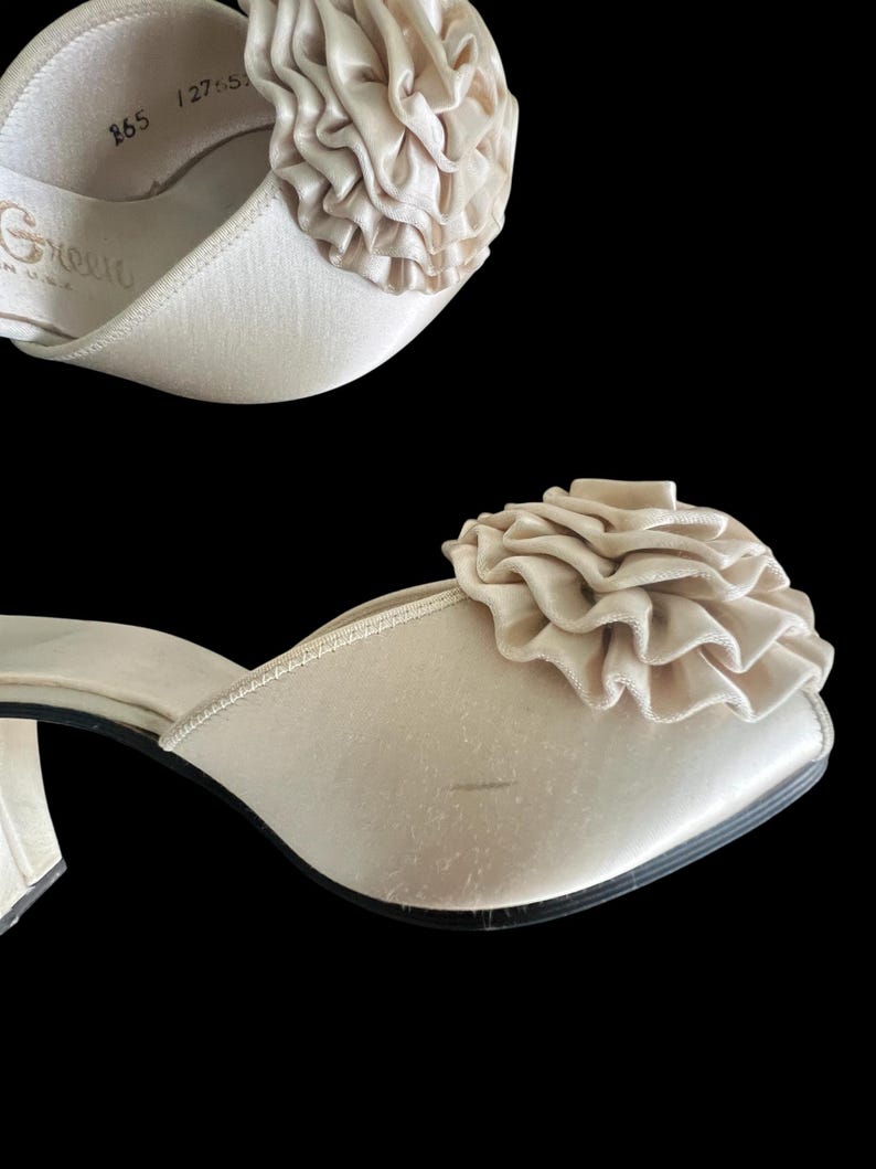 SOLD! 1950's Vintage Size 6 1/2 Slip On Cream Boudoir Satin Slipper Heels Open Toe With Ruffled Pom Pom