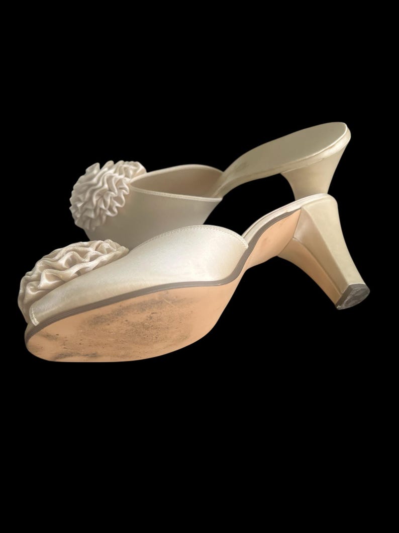 SOLD! 1950's Vintage Size 6 1/2 Slip On Cream Boudoir Satin Slipper Heels Open Toe With Ruffled Pom Pom