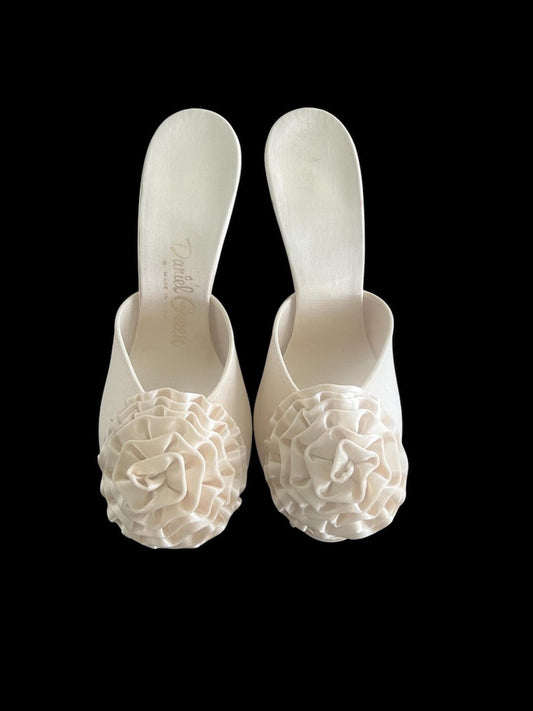 SOLD! 1950's Vintage Size 6 1/2 Slip On Cream Boudoir Satin Slipper Heels Open Toe With Ruffled Pom Pom