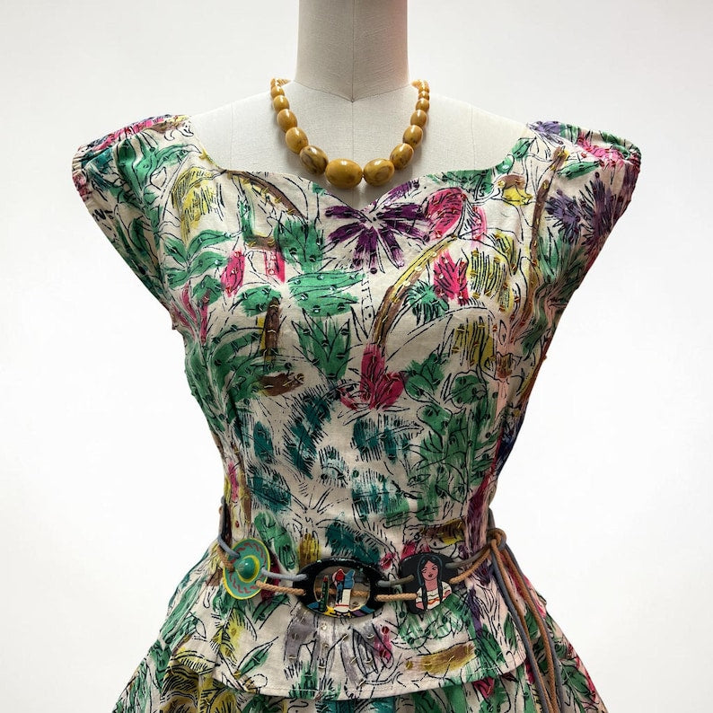 SALE!! 1940's Vintage Rare Summer Virgin Island Tourist Cotton Two Piece Dress Set With Sequins Gorgeous