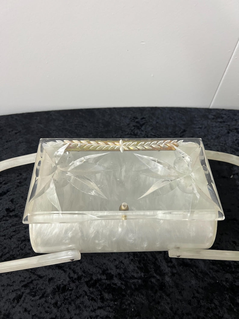 SALE!! Original Vintage 1950 Lucite Pearled Clear Purse Carved Top Great Condition