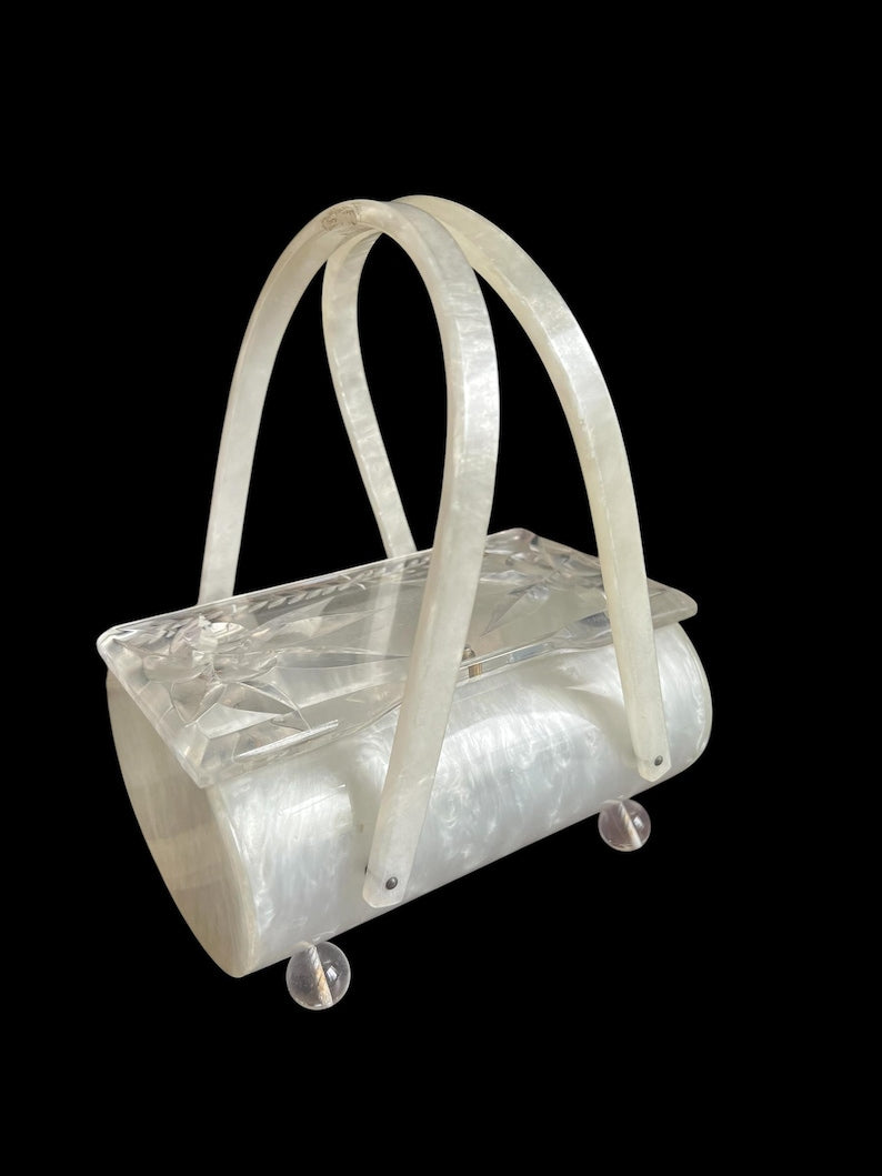 SALE!! Original Vintage 1950 Lucite Pearled Clear Purse Carved Top Great Condition