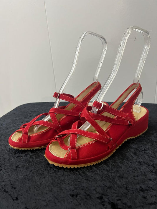 Vintage 1940's Rare Deadstock Size 7 1/2 Opened Toe Strappy Slingback Red Canvas Sandals