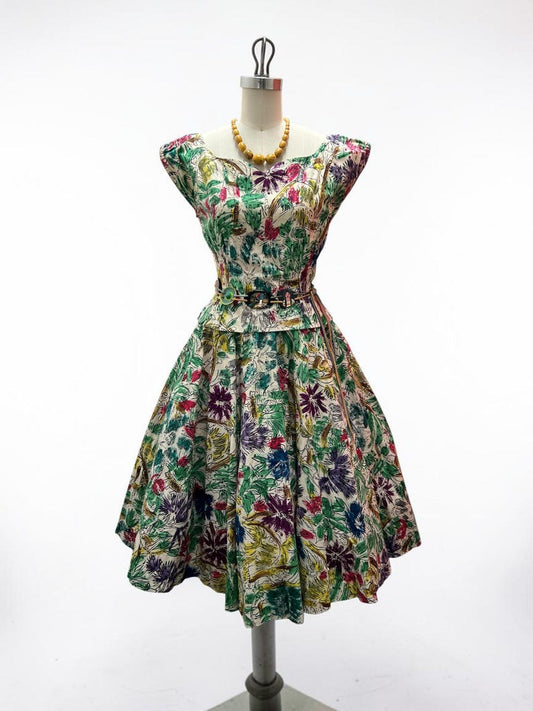 1940's Vintage Rare Summer Virgin Island Tourist Cotton Two Piece Dress Set With Sequins Gorgeous