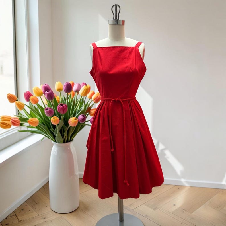 SALE!! 1950's Vintage Red Cotton with Polka Dot Under Skirt Summer Dress