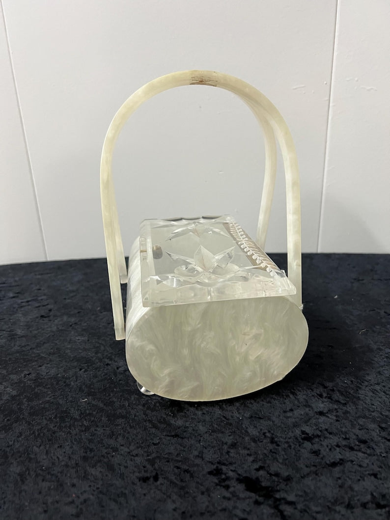 SALE!! Original Vintage 1950 Lucite Pearled Clear Purse Carved Top Great Condition