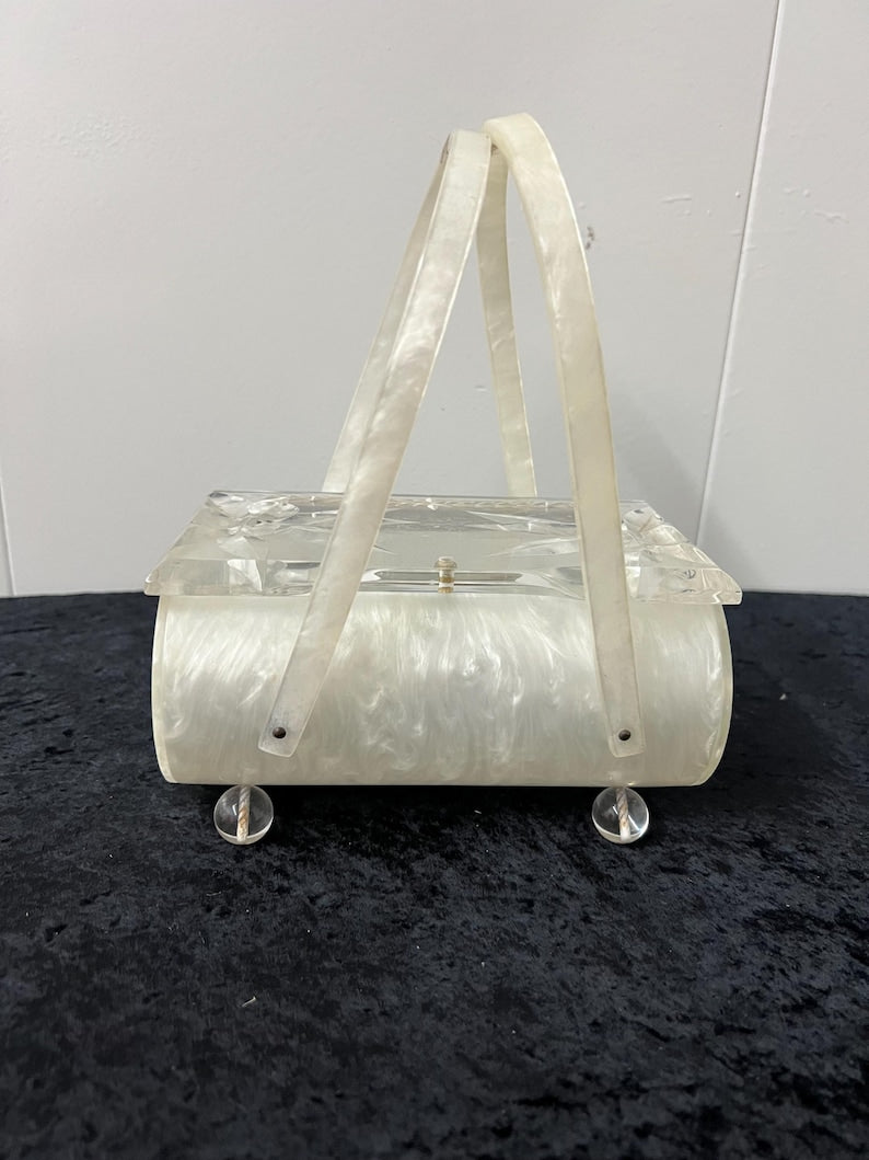 SALE!! Original Vintage 1950 Lucite Pearled Clear Purse Carved Top Great Condition