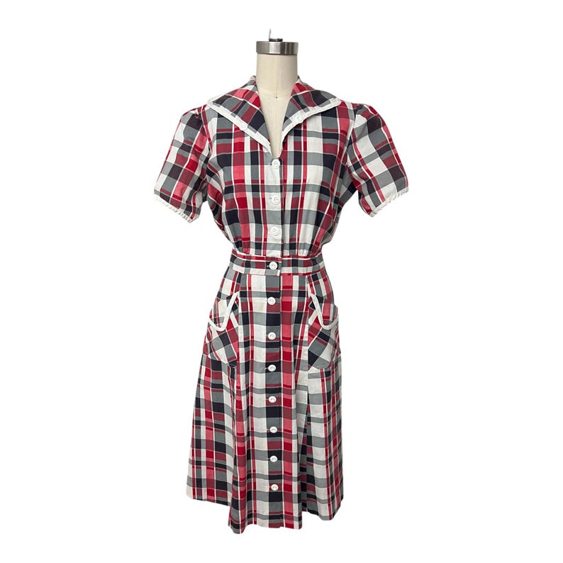 SALE!! 1940s Vintage Princess Peggy Cotton Day Dress Red Black White Plaid With Original Buttons