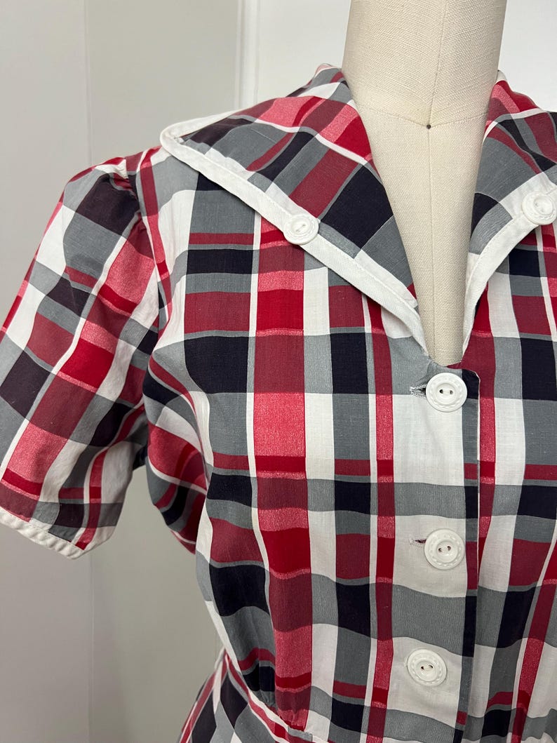 SALE!! 1940s Vintage Princess Peggy Cotton Day Dress Red Black White Plaid With Original Buttons