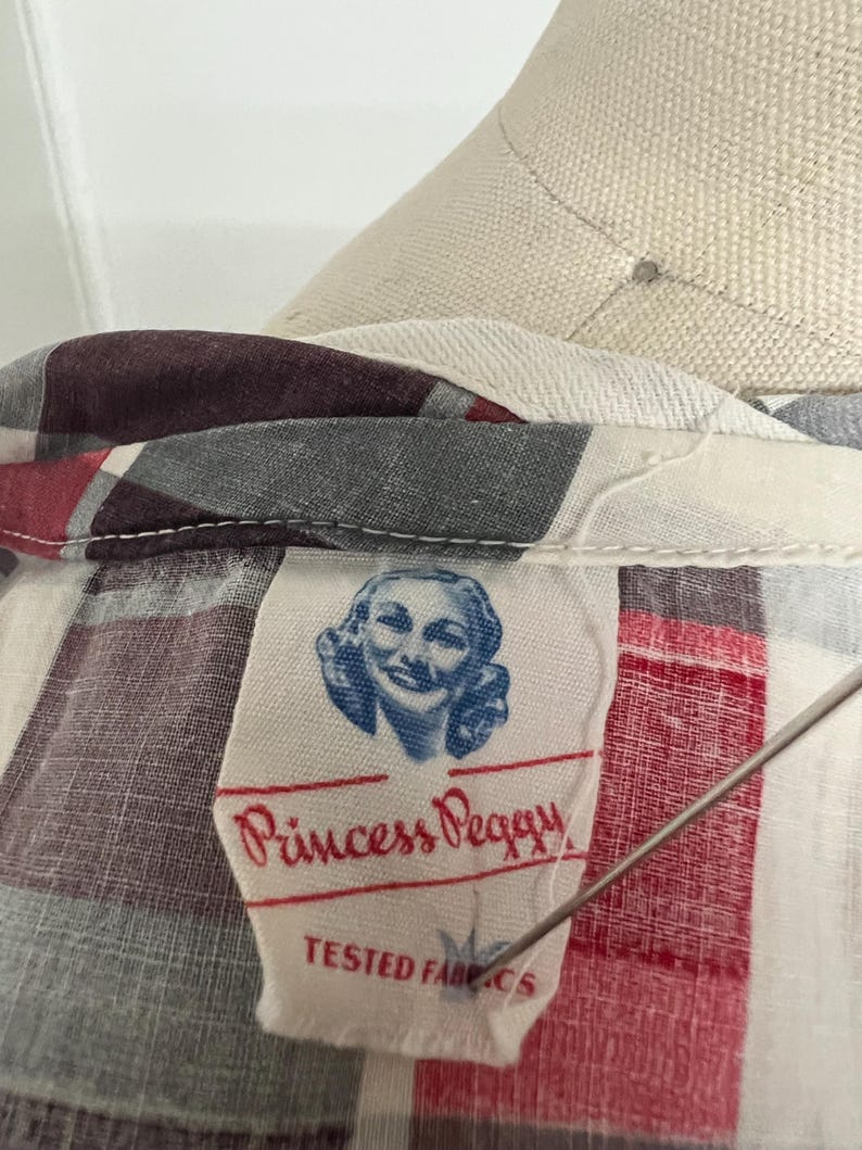 SALE!! 1940s Vintage Princess Peggy Cotton Day Dress Red Black White Plaid With Original Buttons