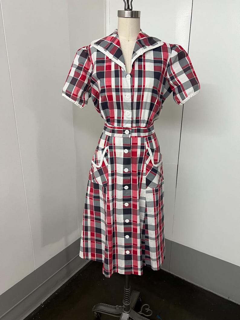 SALE!! 1940s Vintage Princess Peggy Cotton Day Dress Red Black White Plaid With Original Buttons