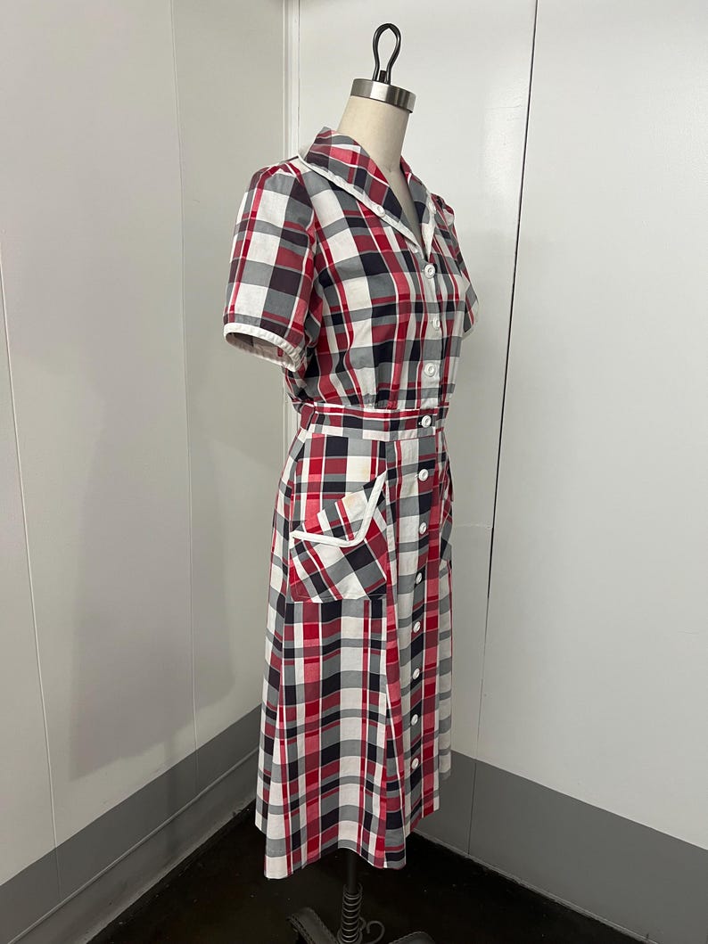 SALE!! 1940s Vintage Princess Peggy Cotton Day Dress Red Black White Plaid With Original Buttons