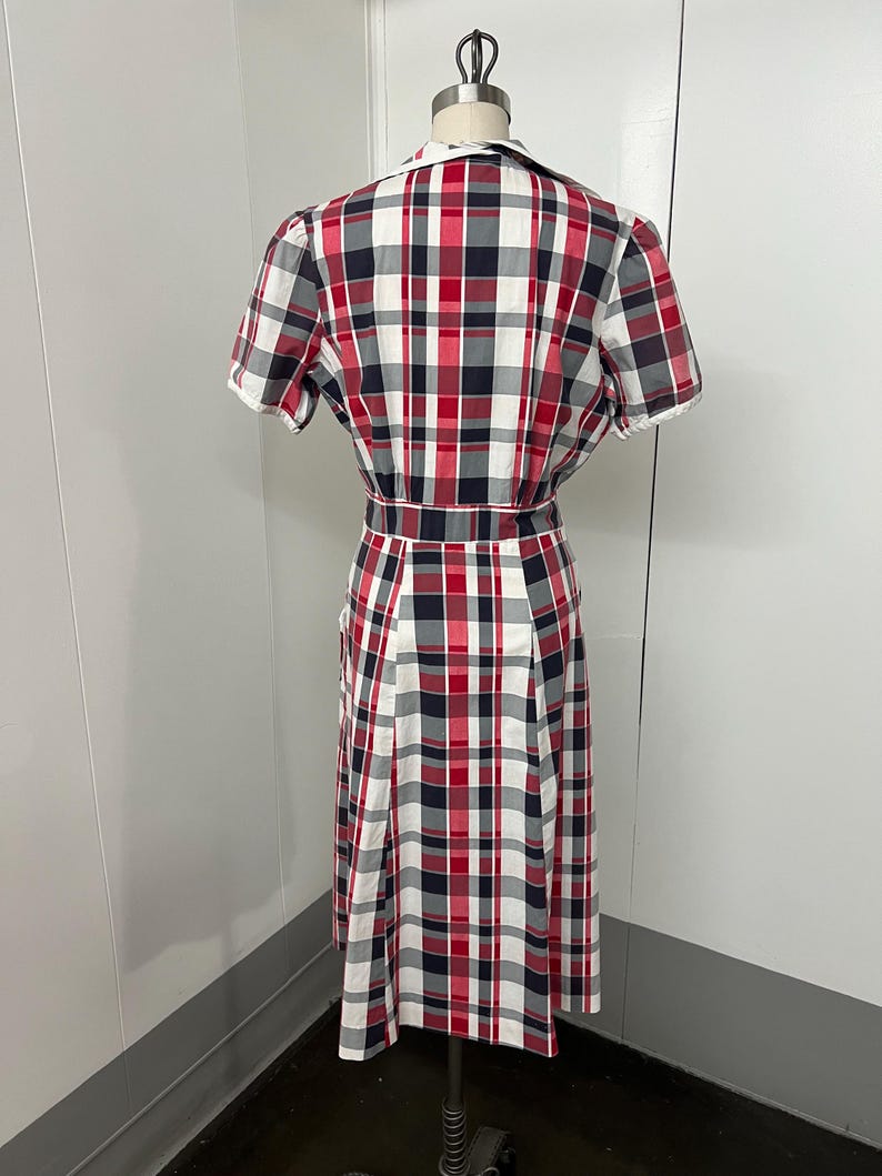 SALE!! 1940s Vintage Princess Peggy Cotton Day Dress Red Black White Plaid With Original Buttons