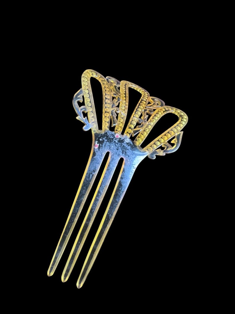 SALE!! 1900 1920 Art Deco Art Nouveau Celluloid Hair Comb Blue Stones Delicate Fan Ornate Design