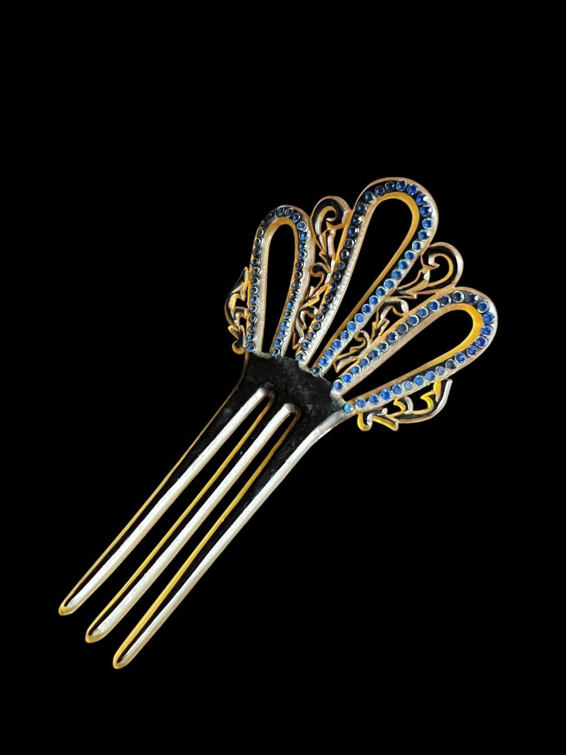 SALE!! 1900 1920 Art Deco Art Nouveau Celluloid Hair Comb Blue Stones Delicate Fan Ornate Design