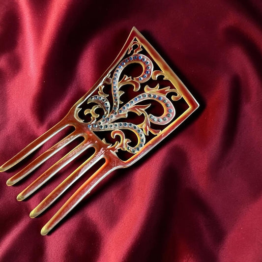 1900 1920 Art Deco Art Nouveau Red Celluloid Hair Comb Blue Stones on Red Delicate Design