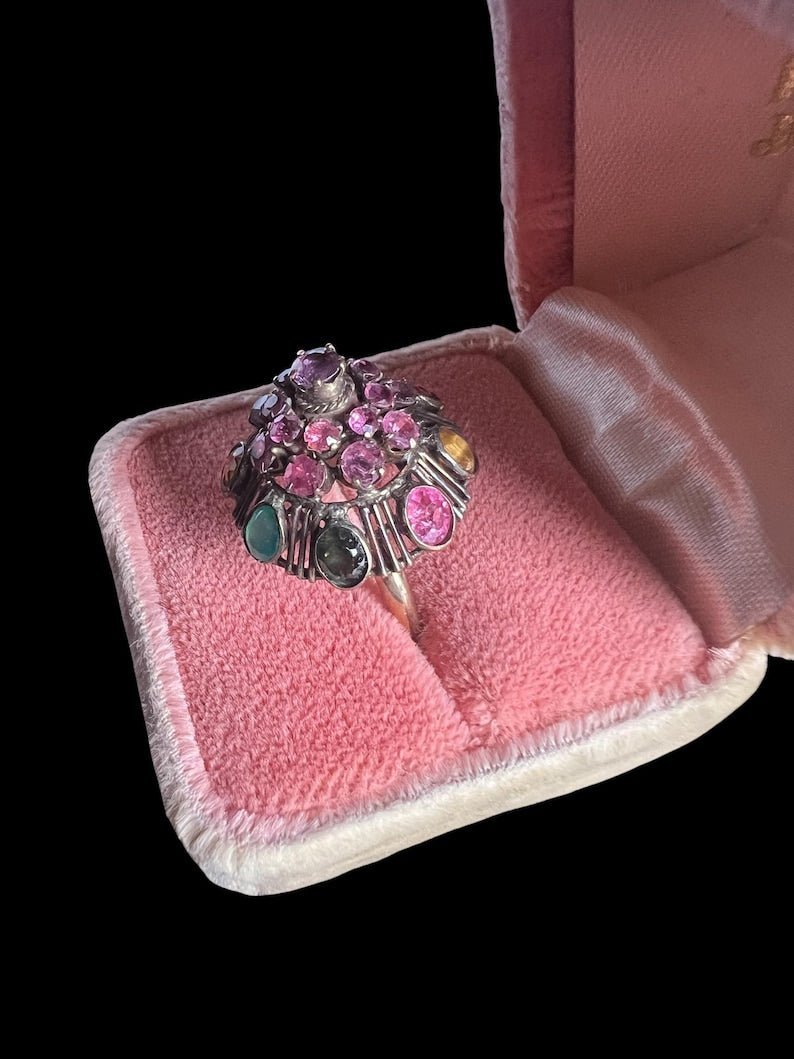 Antique 14kt Thai Princess Dome Ring Multiple Sapphires and Other Gemstones