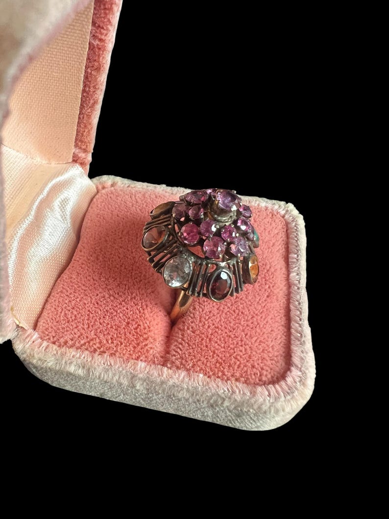 Antique 14kt Thai Princess Dome Ring Multiple Sapphires and Other Gemstones