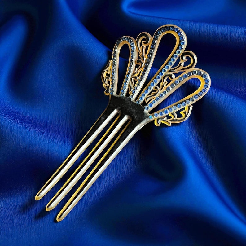 SALE!! 1900 1920 Art Deco Art Nouveau Celluloid Hair Comb Blue Stones Delicate Fan Ornate Design