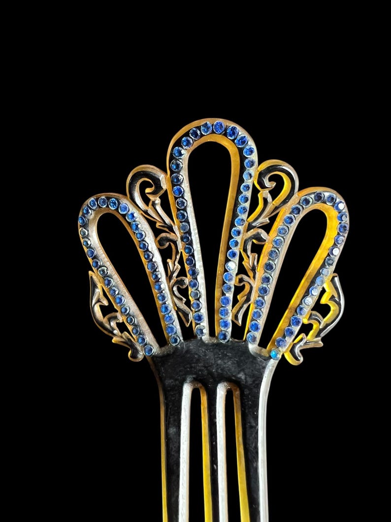 SALE!! 1900 1920 Art Deco Art Nouveau Celluloid Hair Comb Blue Stones Delicate Fan Ornate Design