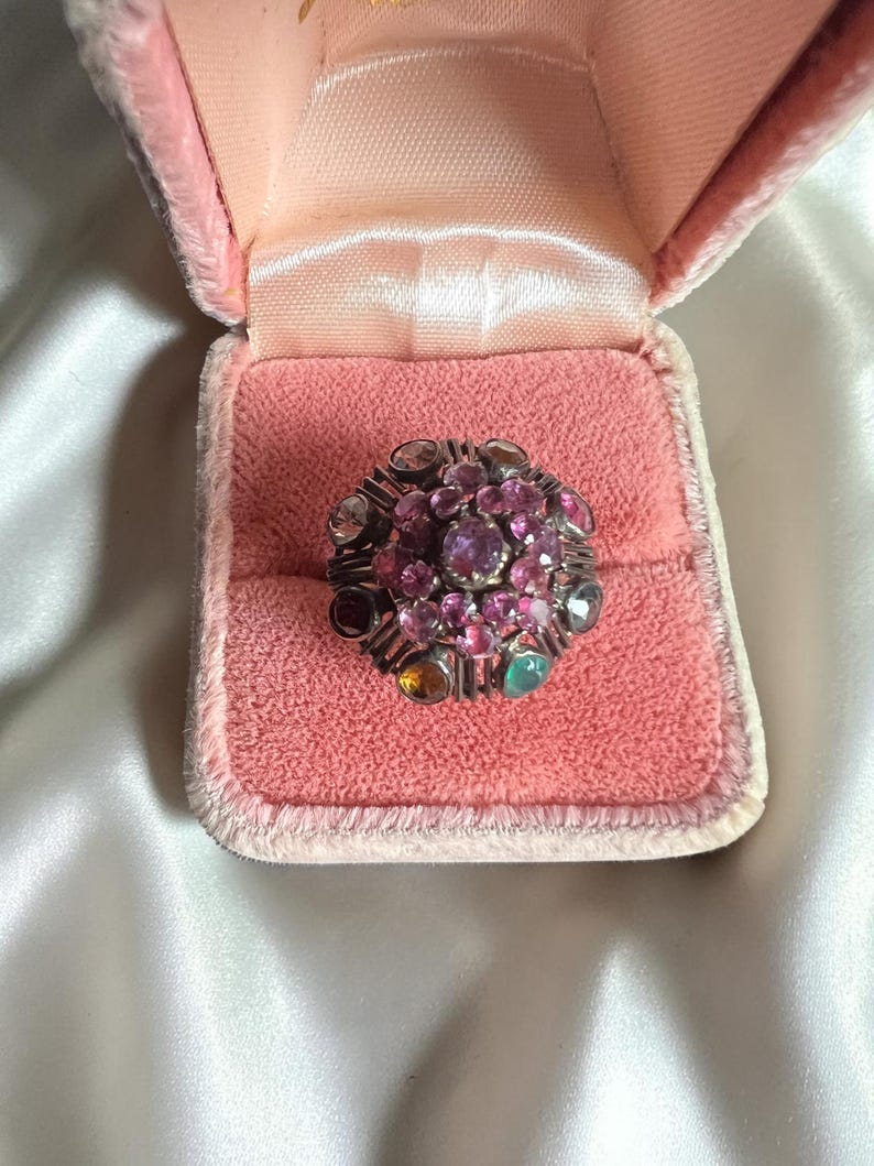Antique 14kt Thai Princess Dome Ring Multiple Sapphires and Other Gemstones