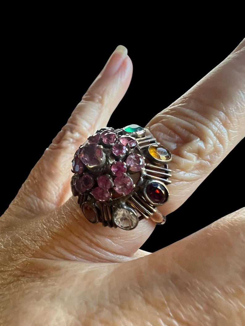 Antique 14kt Thai Princess Dome Ring Multiple Sapphires and Other Gemstones