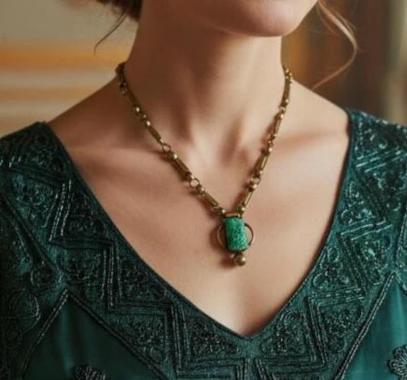 Antique Art Nouveau 1880 - 1914 Czech Carved Floral Green Slag Glass Gold Brass Metal