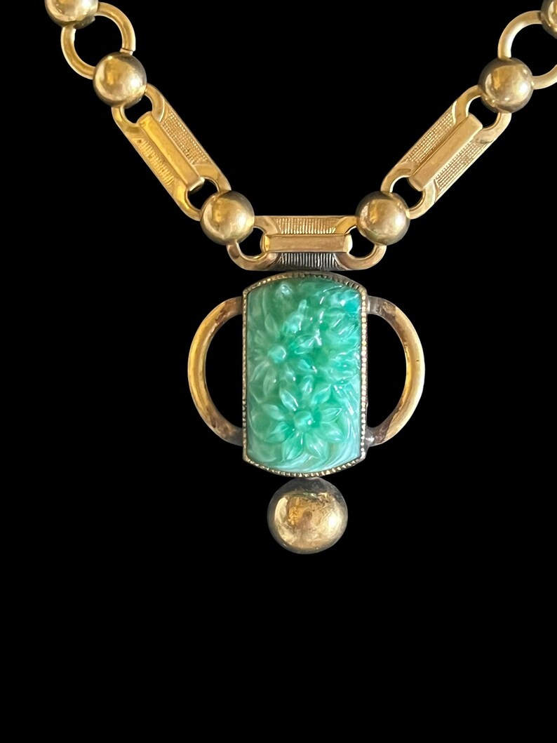Antique Art Nouveau 1880 - 1914 Czech Carved Floral Green Slag Glass Gold Brass Metal