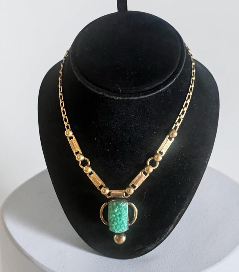 Antique Art Nouveau 1880 - 1914 Czech Carved Floral Green Slag Glass Gold Brass Metal