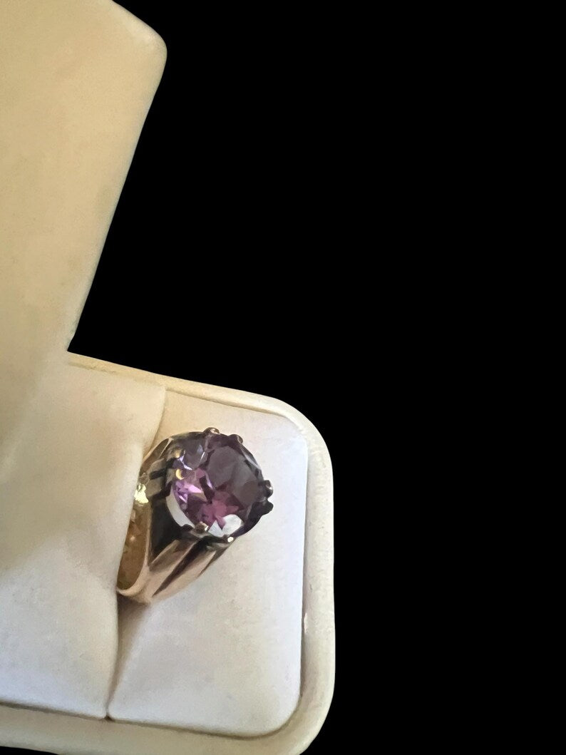 Antique Vintage 1940's Men's 10K Rose Gold Ring with Deep Purple Quartz Stone Size 9.75