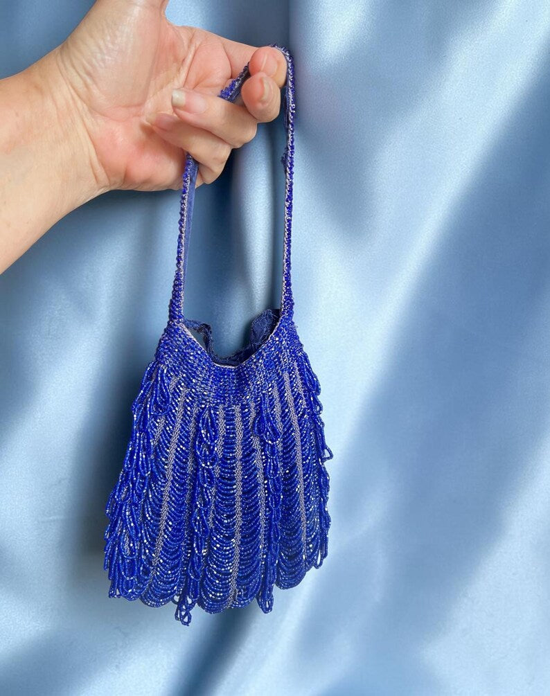 Antique Original Vintage Estate Art Deco Royal Blue Beaded 1900's 1920's Purse