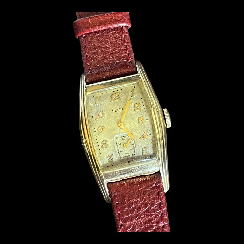 Antique Vintage 1940's Elgin Watch Art Deco Manual Wind Dress Watch Red Leather Strap