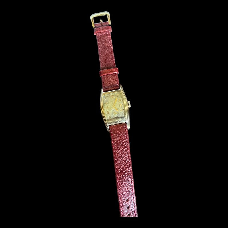 Antique Vintage 1940's Elgin Watch Art Deco Manual Wind Dress Watch Red Leather Strap